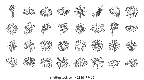 Firework icons set outline vector. New year celebrate. Cracker fire