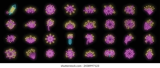 Firework icons set outline vector. New year celebrate. Cracker fire neon color isolated