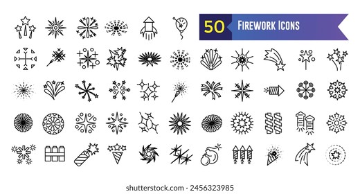Firework icons set. Outline set of firework vector icons for ui design. Outline icon collection. Editable stroke.