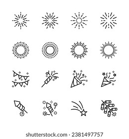 iconos de fuegos artificiales configurados. para fiesta , año de la ney, festivo, aislado en blanco. ilustración vectorial