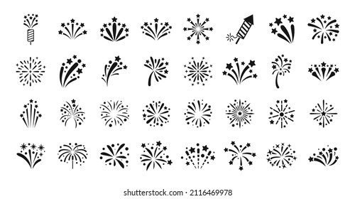 Firework icons set simple vector. New year celebrate. Cracker fire