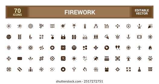 Firework icons set. Solid set of firework vector icons for ui design. Glyph icon collection. Filled icon pack, editable stroke. Vector illustration.