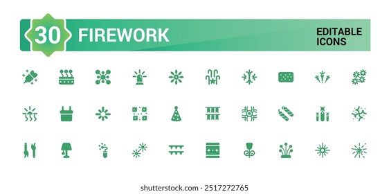 Firework icons set. Solid set of firework vector icons for ui design. Glyph icon collection. Filled icon pack, editable stroke. Vector illustration.