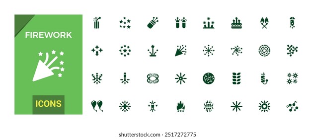 Firework icons set. Solid set of firework vector icons for ui design. Glyph icon collection. Filled icon pack, editable stroke. Vector illustration.