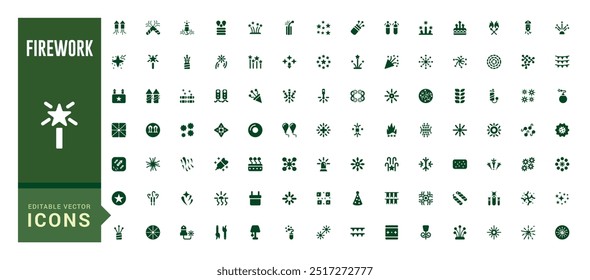 Firework icons set. Solid set of firework vector icons for ui design. Glyph icon collection. Filled icon pack, editable stroke. Vector illustration.