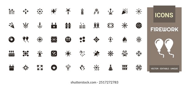 Firework icons set. Solid set of firework vector icons for ui design. Glyph icon collection. Filled icon pack, editable stroke. Vector illustration.