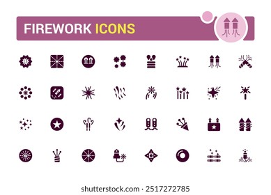 Firework icons set. Solid set of firework vector icons for ui design. Glyph icon collection. Filled icon pack, editable stroke. Vector illustration.