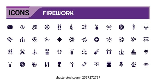 Firework icons set. Solid set of firework vector icons for ui design. Glyph icon collection. Filled icon pack, editable stroke. Vector illustration.