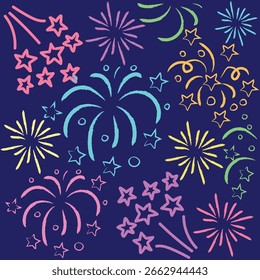  ícones de fogo de artifício vetor set celebração, festa, feliz ano novo. Ilustração vetorial de confete faísca, foguete, ideia de design de vetor mínimo. desenho desenhado à mão para celebração de Ano Novo.