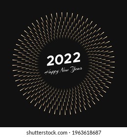 Firework with inscription 2022 and Happy New Year. Explosion with  line rays Christmas card isolated on black background. Vector illustration