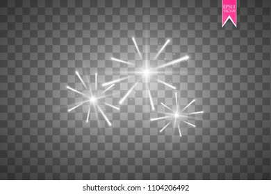 Firework lights effect with glowing stars in sky isolated on transparent background. Vector white festive party rocket burst or salute show for your design.