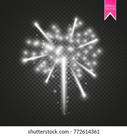 Firework lights effect with glowing stars in sky isolated on transparent background. Vector white festive party rocket burst or salute show for your design. eps 10