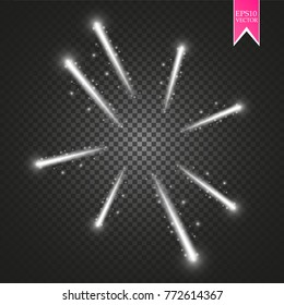 Firework lights effect with glowing stars in sky isolated on transparent background. Vector white festive party rocket burst or salute show for your design. eps 10