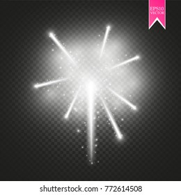 Firework lights effect with glowing stars in sky isolated on transparent background. Vector white festive party rocket burst or salute show for your design.