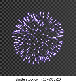 Firework lilac bursting isolated transparent background. Beautiful night fire, explosion decoration, holiday, Christmas, New Year. Symbol festival, American 4th july celebration Vector illustration