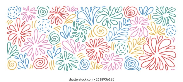 Firework line hand drawn n set. Party colorful firecrackers and splashes in doodle style isolated on white background. Carnival scribble decoration. Vector illustration by pencil and chalk.
