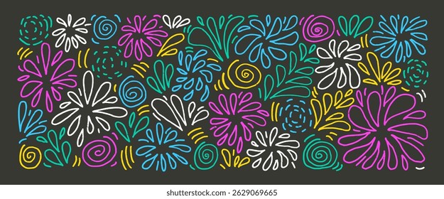 Linha de fogos de artifício desenhada à mão no conjunto. Festa fogos de artifício multicoloridos e respingos em estilo doodle isolado no fundo escuro da noite. Decoração de rabiscos de carnaval. Ilustração vetorial por lápis e giz.