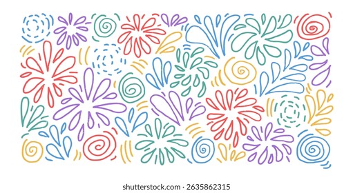 Firework line hand drawn n set. Children party multicolor firecrackers and splashes in doodle style isolated on white background. Carnival scribble decoration. Vector illustration by pencil and chalk.