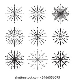 Icono de Firework Line. Explosión de fuegos artificiales del festival, aislado sobre fondo blanco. Estilo garabato plano. Concepto del diseño para el Anuncio de vacaciones, póster, flyer, tarjeta de felicitación, Elementos decorativos