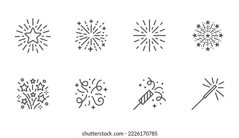 Firework line icon set. Christmas sparkler confetti, firecracker minimal vector illustration. Simple outline sign for New Year celebration party. Editable Stroke