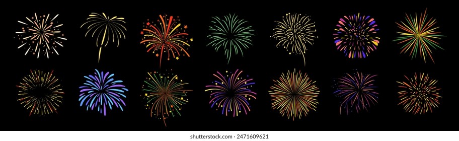 Firework line icon set. Colorful pyrotechnics show. Realistic fireworks celebration isolated vector illustration