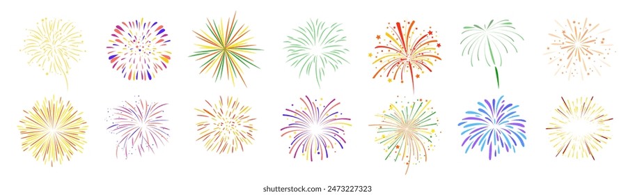 Firework line icon set. Colorful pyrotechnics show. Realistic fireworks celebration isolated vector illustration