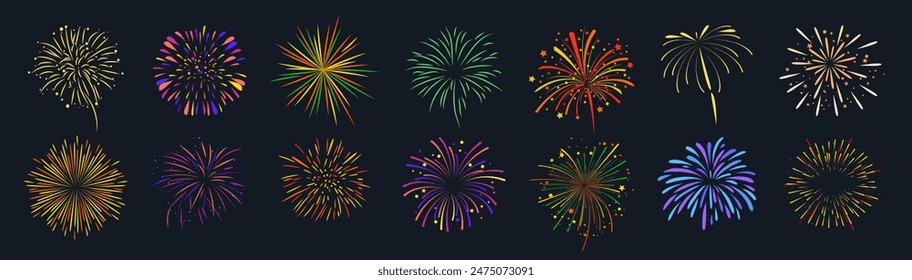 Firework line icon set. Fireworks isolated on a black background.