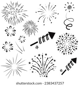 firework line icon set, happy new year firework, celebration, party, happy new year, christmas, Vector illustration.
