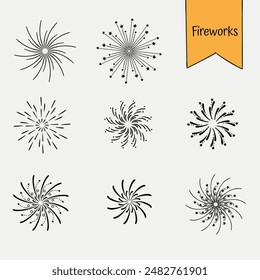 firework line icon set, happy new year firework