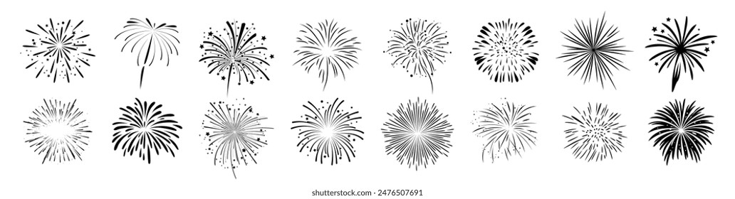 Conjunto de iconos de línea de fuegos artificiales aislados en Ilustración vectorial de fondo transparente