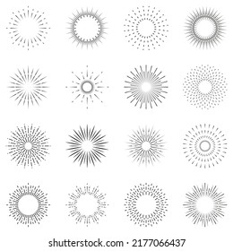 Juego de iconos de la línea de fuegos artificiales. Pictograma lineal. Icono de contorno de la estrella de ráfaga de sol de chispa de círculo. Explosión de luz de estallido. Celebra Feliz Cumpleaños, Feliz Fiesta de Navidad. Ilustración de vectores aislados.