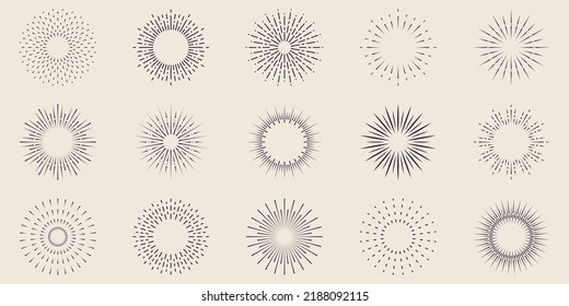 Firework Line Icon Set. Starburst Light Explosion. Circle Spark Sunburst Star Burst Shine Outline Icon. Celebrate Happy Birthday, Merry Christmas Party Linear Pictogram. Isolated Vector Illustration