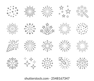 Conjunto de ícones de linha do Firework, Ilustração de vetor em plano de fundo branco. Festa de aniversário, eventos de celebração e Feliz Ano Novo Firework Símbolos definidos.