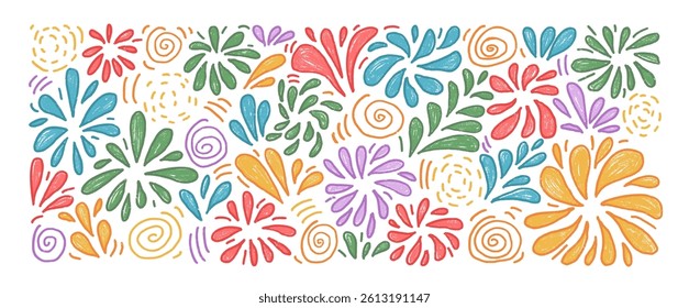 Firework multi colors sketch drawing by wax crayon set. Night party firecrackers in doodle style isolated on white background. Carnival confetti decoration. Vector hand drawn painting illustration.