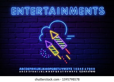 Firework neon sign. Glowing two petards with sparkles on dark blue brick background. Can be used for winter, christmas time, festive