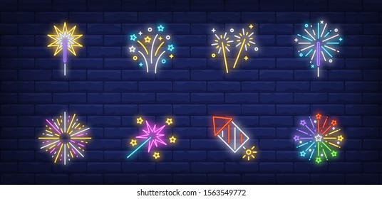 Firework neon sign set. Cracker, petard, explosion, sparkler. Vector illustration in neon style, bright banner for topics like New Year party, holiday, fun