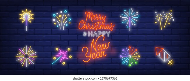 Firework neon sign set. Cracker, petard, explosion, sparkler. Vector illustration in neon style, bright banner for topics like New Year party, holiday, fun
