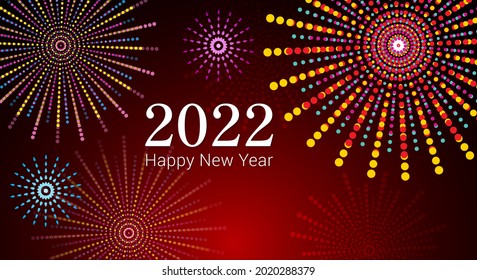 Firework for New year 2022, red gradient vignette background. Modern multicolor fireworks abstract with text greeting Happy New Year. Design banner, web, card. Space for text logo. Vector illustration