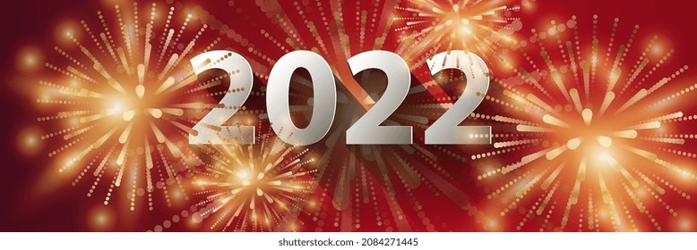 Firework para Año Nuevo 2022, fondo de viñeta de gradiente rojo. Los fuegos artificiales multicolores modernos son abstractos con texto saludando Feliz Año Nuevo. Ilustración vectorial. Concepto de decoración 2022.
