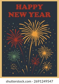 Fuegos artificiales Noche de año Nuevo cartel retro ilustración plana diseño de Vertical