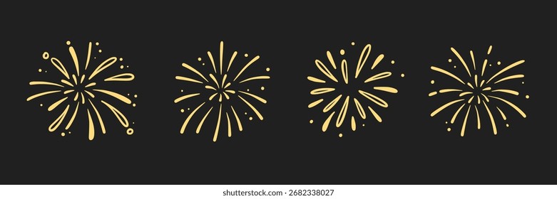 Firework new year set. Doodle firework sparkles for New Year celebration, golden burst and festive elements for birthday or party decor. Hand drawn style for a firework themed vector illustration