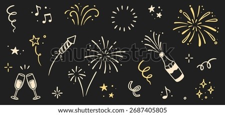 Firework new year set. Doodle firework sparkles for New Year celebration, golden burst and festive elements for birthday or party decor. Hand drawn style for a firework themed vector illustration