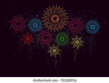 Firework on dark background for celebration, party, and new year event. Vector illustration