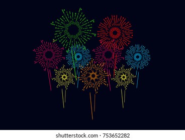 Firework on dark background for celebration, party, and new year event. Vector illustration
