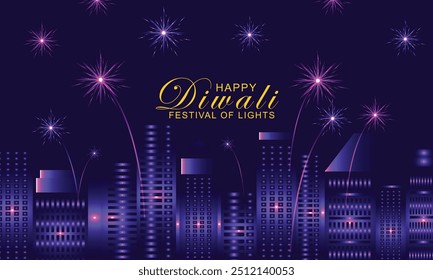 Firework on Indian cityscape for Happy Diwali Holiday background for light festival of India