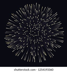 Firework on night background, anniversary bursting fireworks with sparks. New Year Shining elements. Birthday celebration. Vector