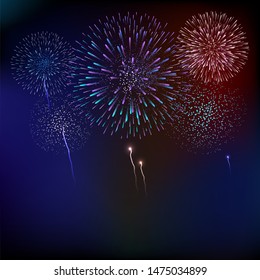 Firework on night background, anniversary bursting fireworks with stars and sparks. Colorful Fireworks on night sky background. Christmas pyrotechnics firecracker. Event service symbol Celebration fir