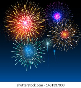 Firework on night background, anniversary bursting fireworks with stars and sparks. Vector