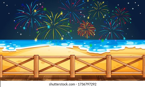 Firework on sky from beach view illustration