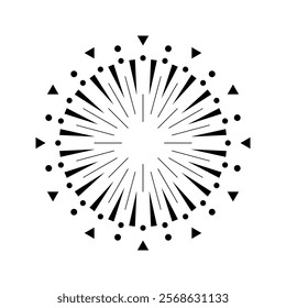 Firework outburst graphic with flare rays. Circular explosion design featuring sparks and radiant lines. Sunlight burst or fireworks inspired icon. Black and white minimalistic concept